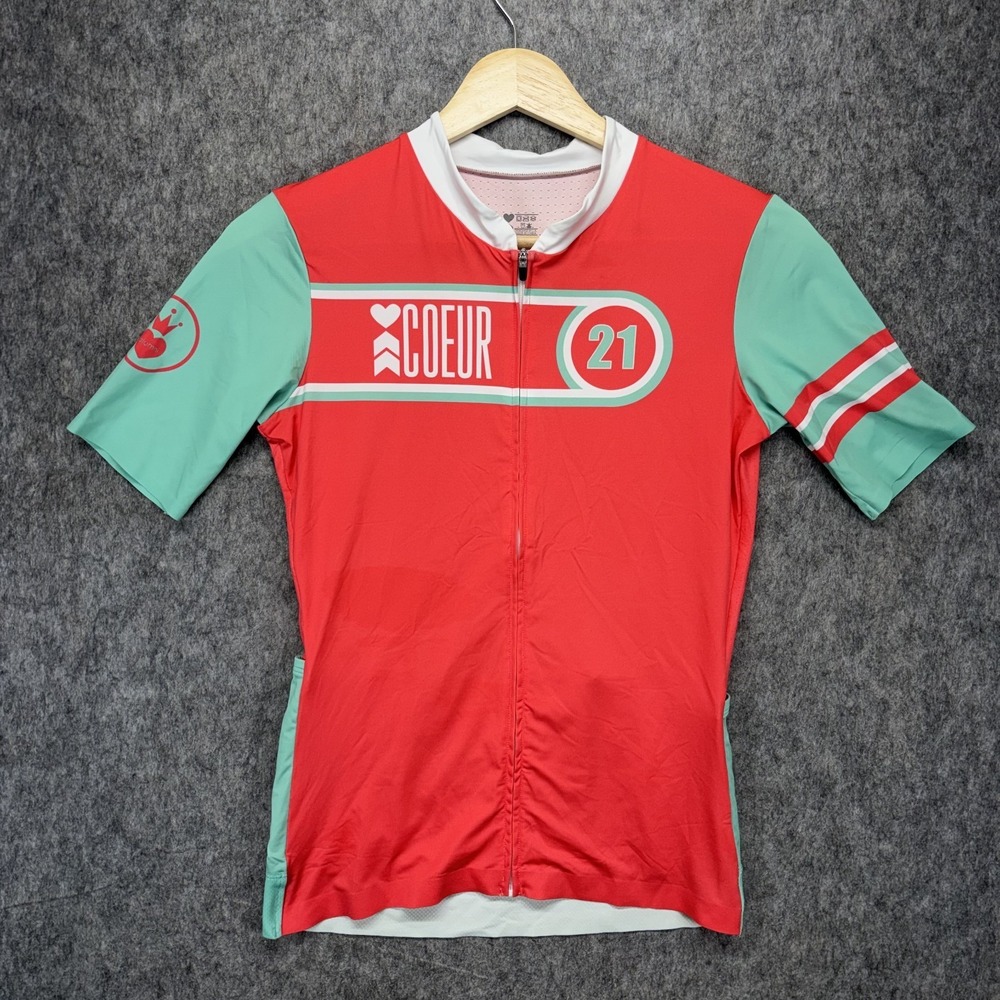 COEUR Triathlon Short Sleeve Top Women's XS Pink Blue Run Cycle Swim Pockets Zip